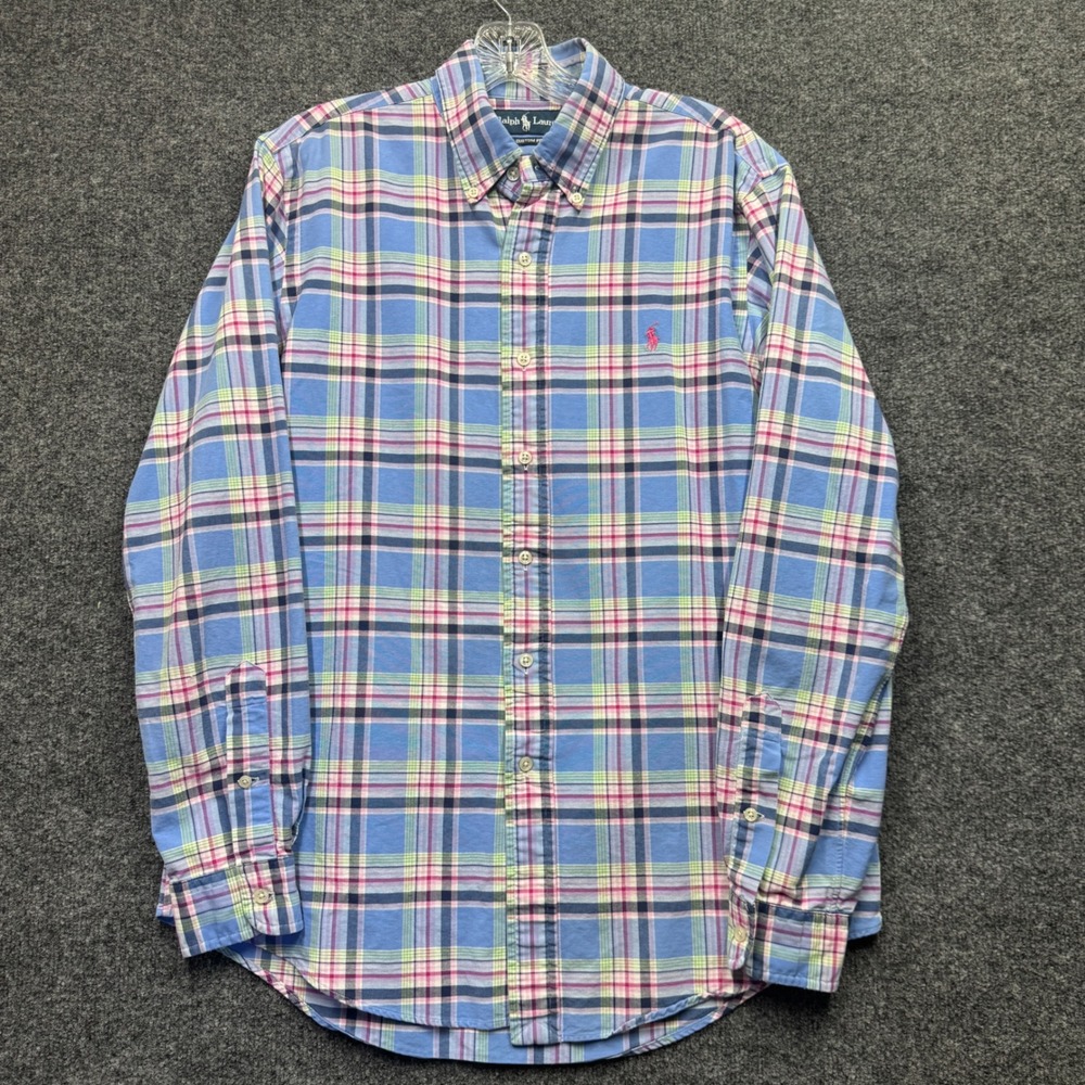 Ralph Lauren Button Down Mens M Blue Pink Plaid Custom Fit Preppy Ivy League